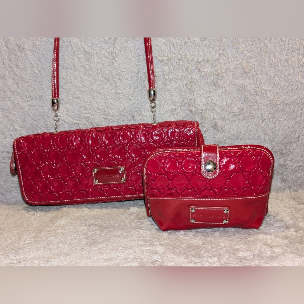 🍒Vintage 🍒 RARE Homanz Cherry Red Leather Handstitched Clutch & Wallet